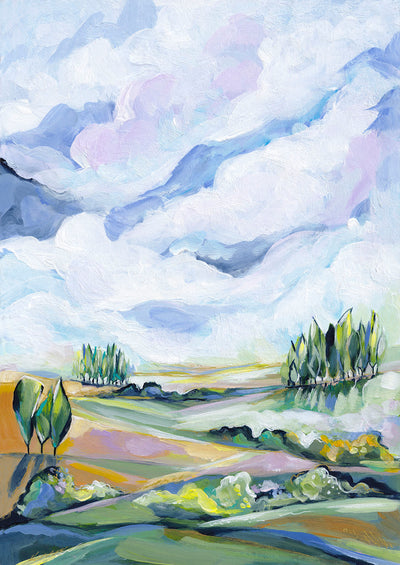 Painting of a landscape with trees and rolling hills under a blue sky.