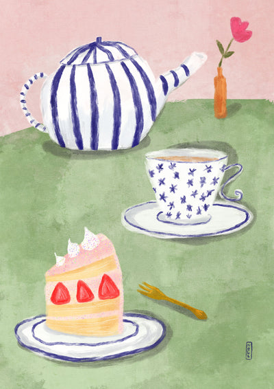Illustration of a tea set with a cake on a green table.