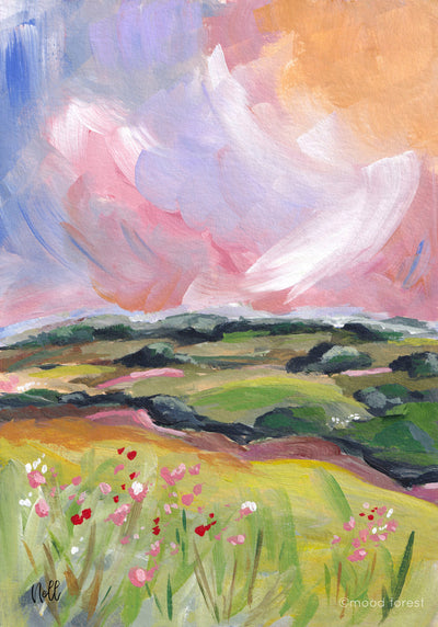 Painting of a landscape with green fields, flowers, and a colorful sky.