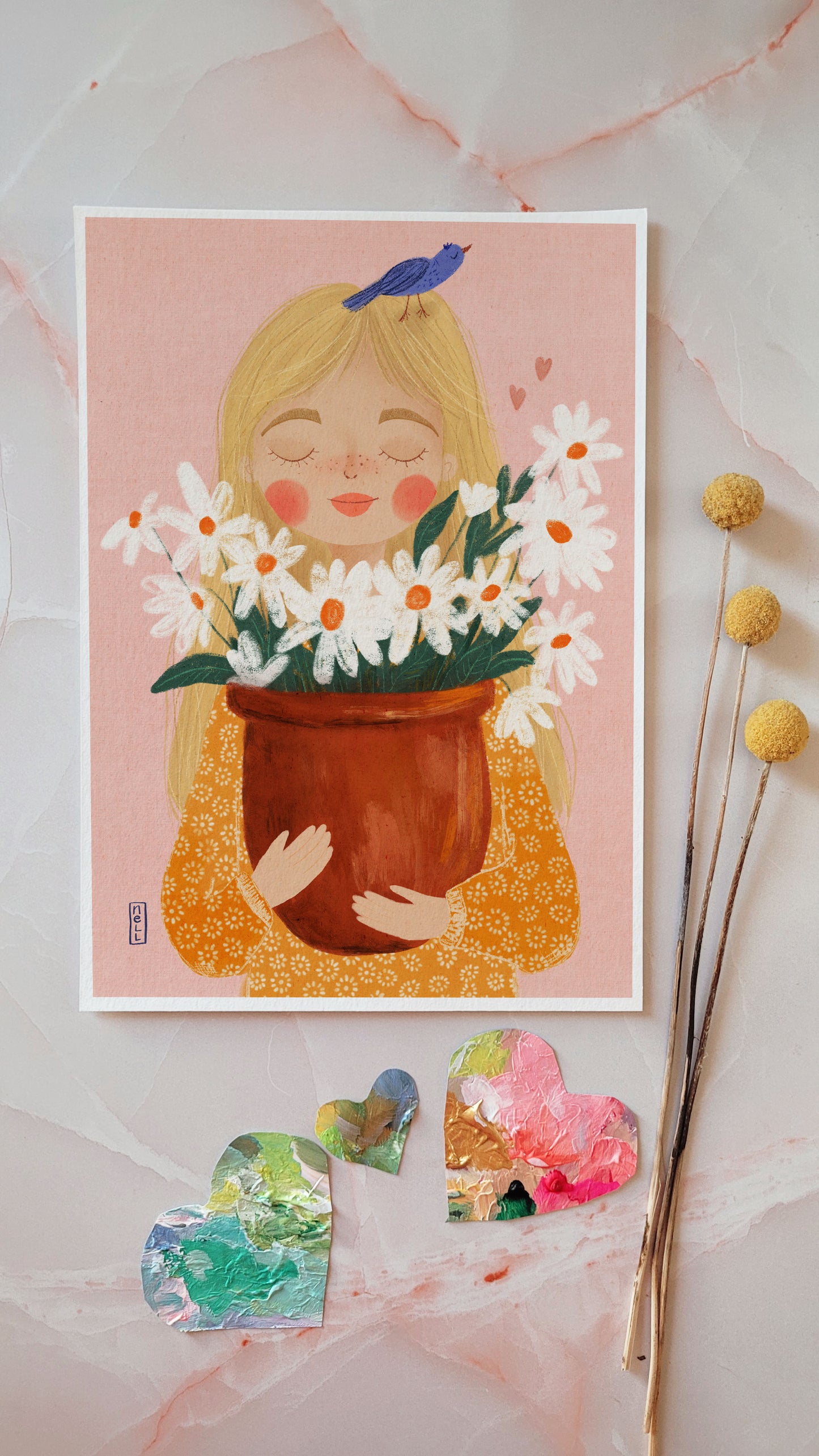 Illustration of a girl holding flowers with decorative elements on a pink background