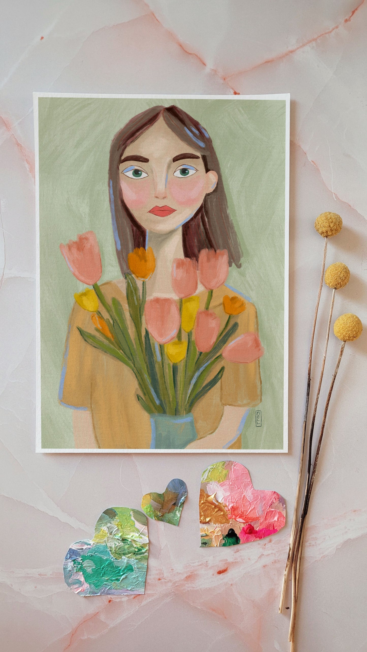 Artistic illustration of a person holding flowers with decorative elements on a soft background