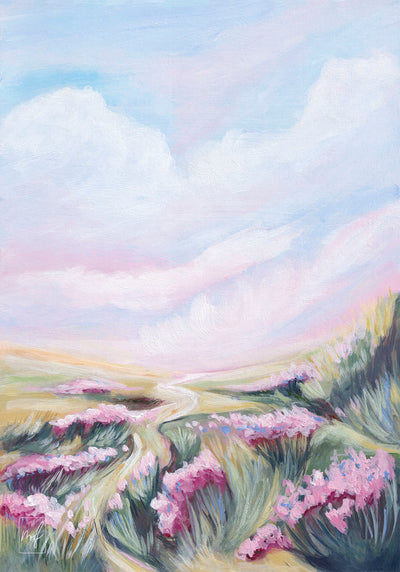 Painting of a landscape with pink flowers and a blue sky