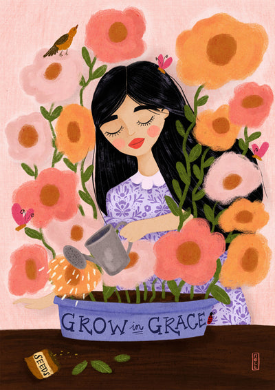 Illustration of a woman watering flowers with 'Grow in Grace' pot, surrounded by colorful flowers on a pink background.