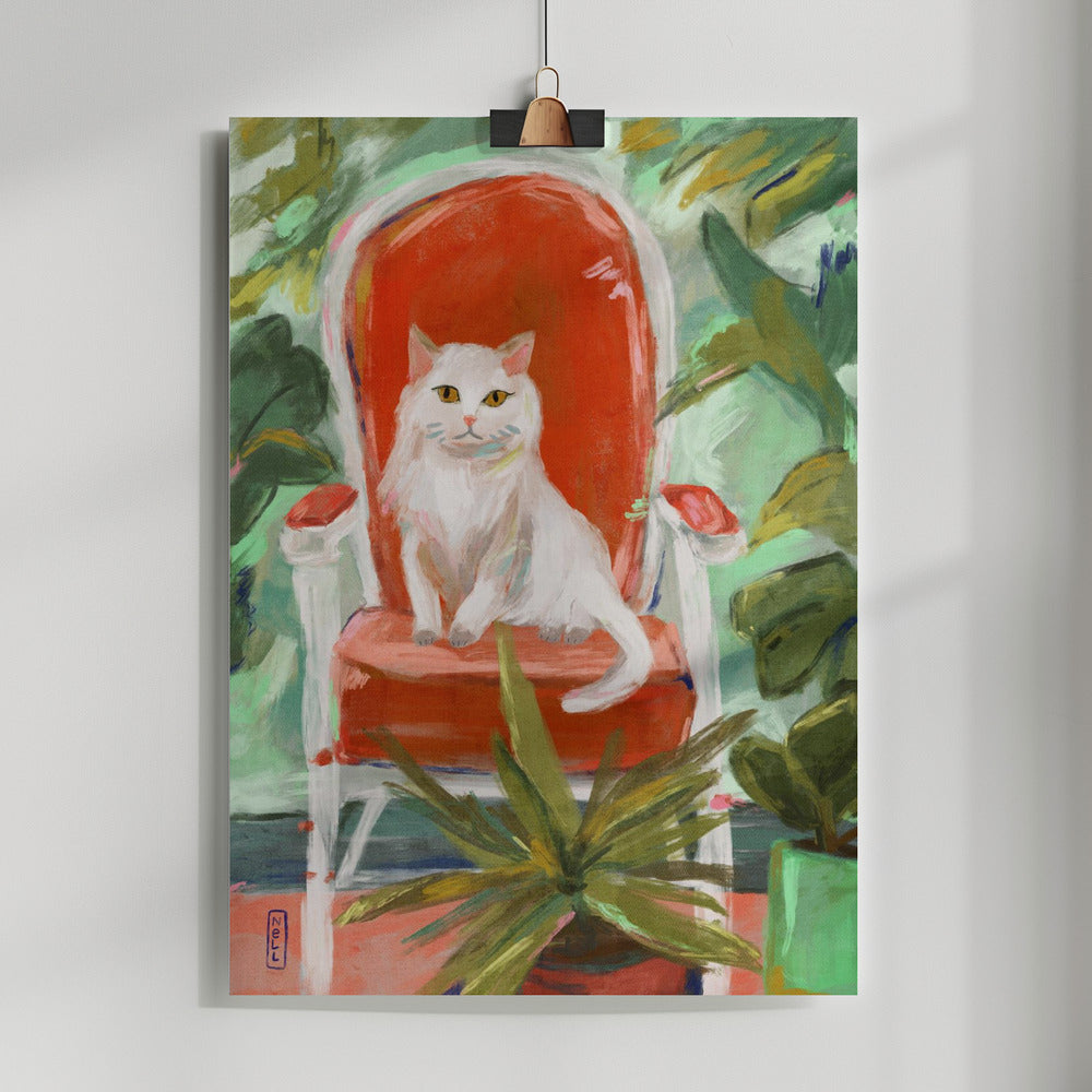 Painting of a white cat on a red chair with green foliage
