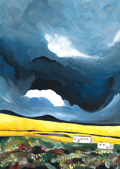 Abstract painting of a landscape with mountains, sky, and buildings.