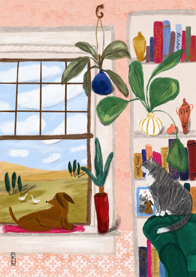 Illustration of a dog and cat by a window with a view of a field.