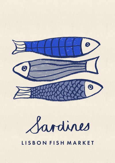 Illustration of three sardines with 'Sardines Lisbon Fish Market' text on a beige background