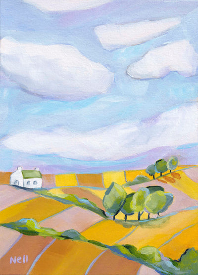 Painting of a rural landscape with a house, trees, and fields under a blue sky with clouds.