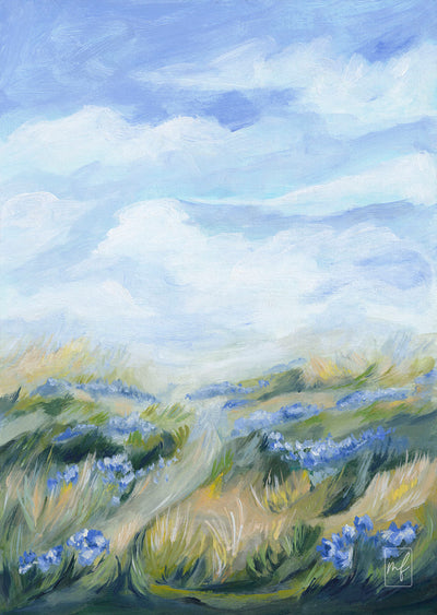 Painting of a field with blue flowers and a blue sky