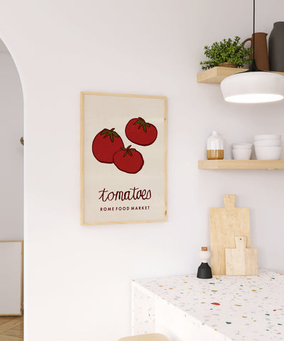 Kitchen interior with a 'Tomatoes' poster on the wall