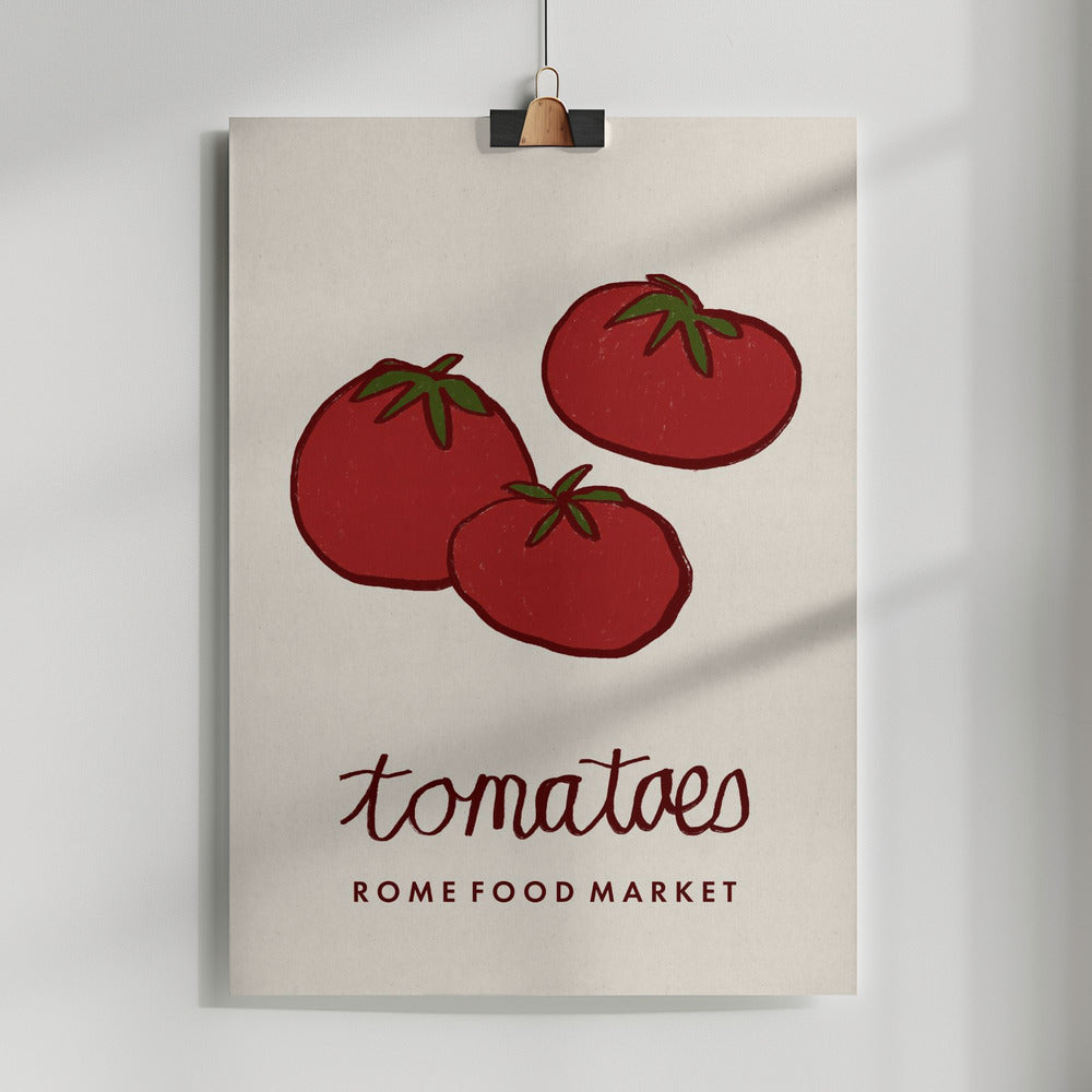 Poster with illustrations of tomatoes and text 'tomatoes Rome Food Market' on a beige background.