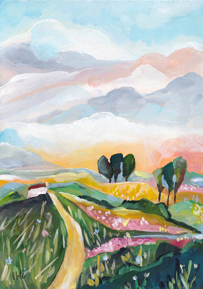 Painting of a landscape with hills, trees, and a sunset.