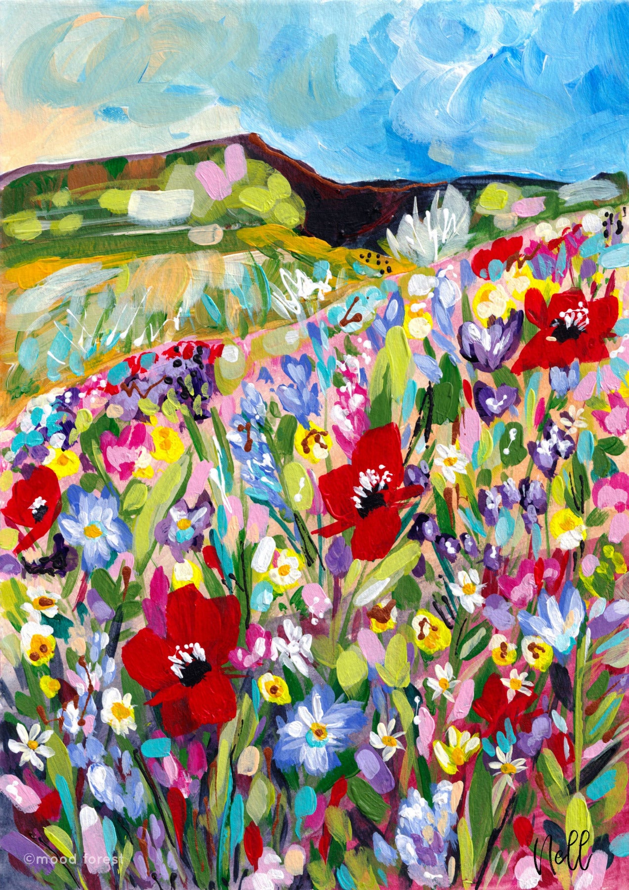Colorful painting of a field of flowers with a blue sky.