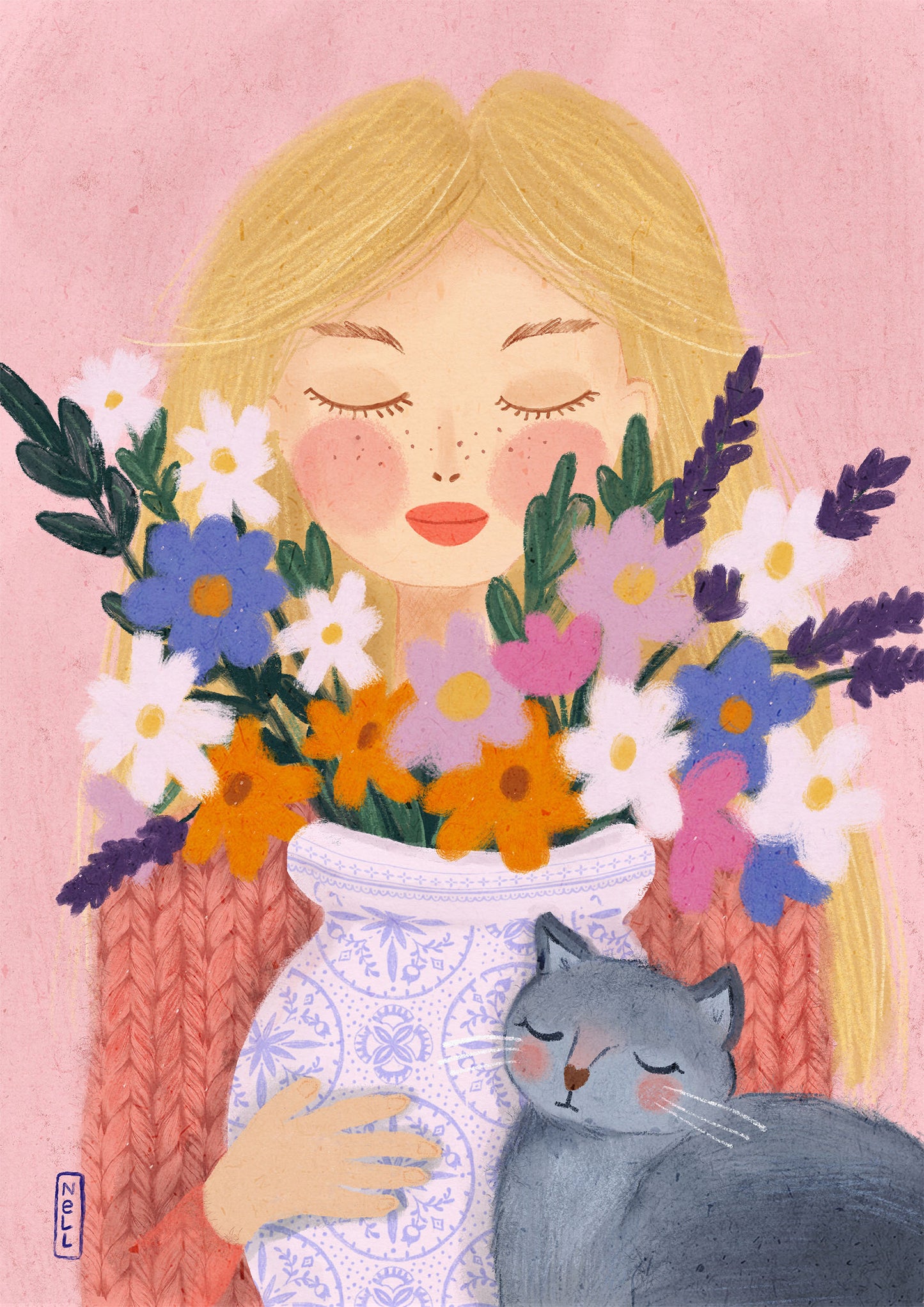 Illustration of a woman holding a vase of flowers with a cat on a pink background