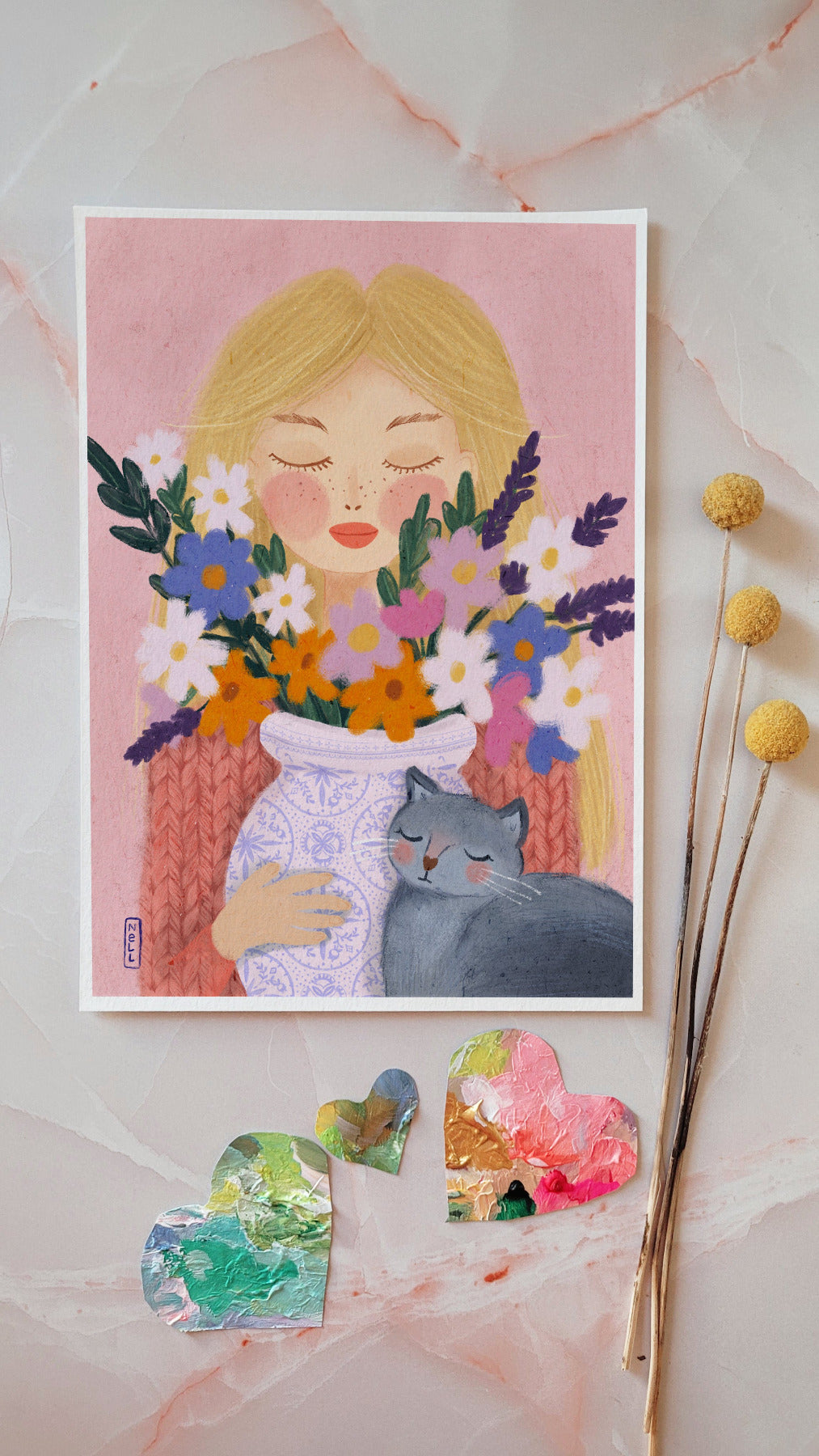 Illustration of a girl holding flowers and a cat, with decorative elements on a soft pink background.