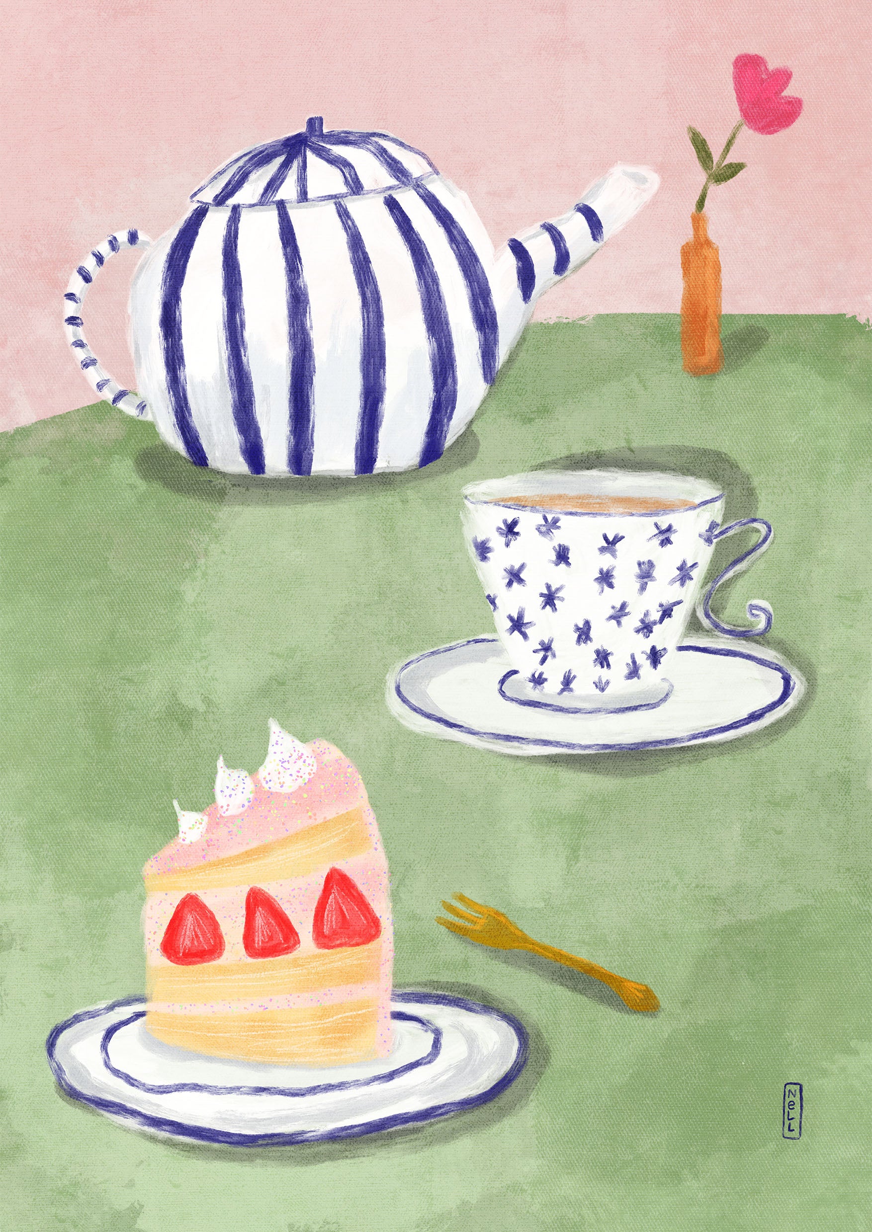 Illustration of a tea set with a cake on a green table.