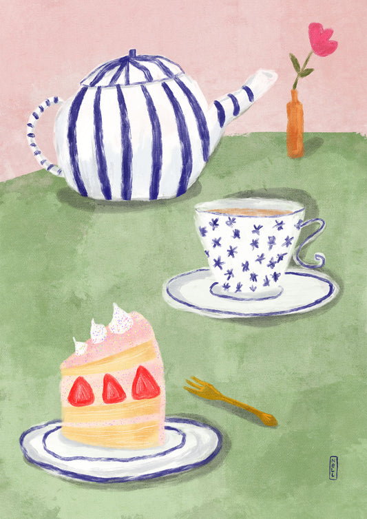 Illustration of a tea set with a cake on a green table.