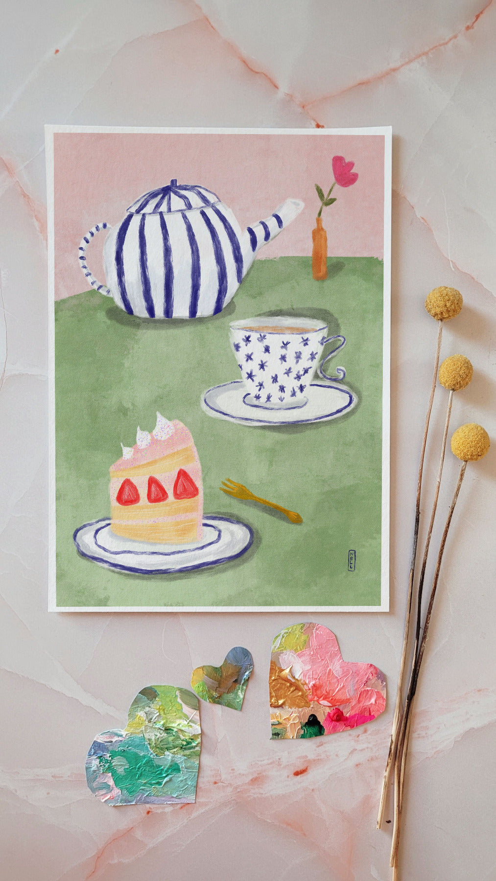 Illustration of a tea set with a cake on a pink background