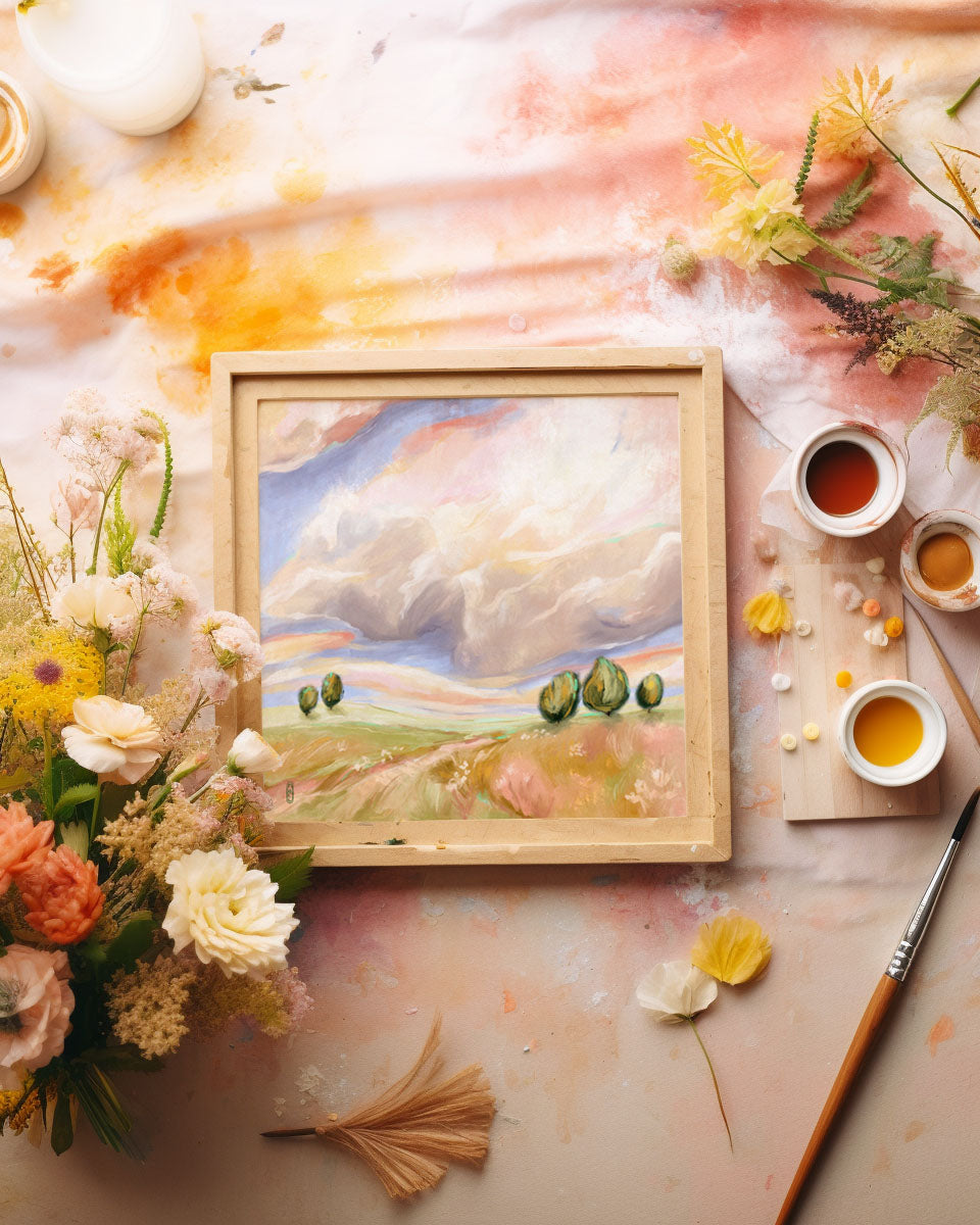 Framed painting of a landscape with flowers, tea, and a brush on a textured surface.