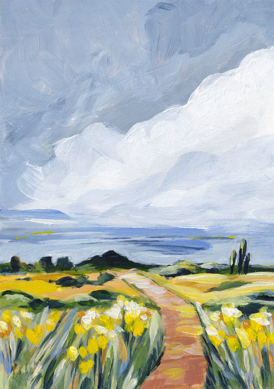 Painting of a landscape with a path, flowers, and a cloudy sky.