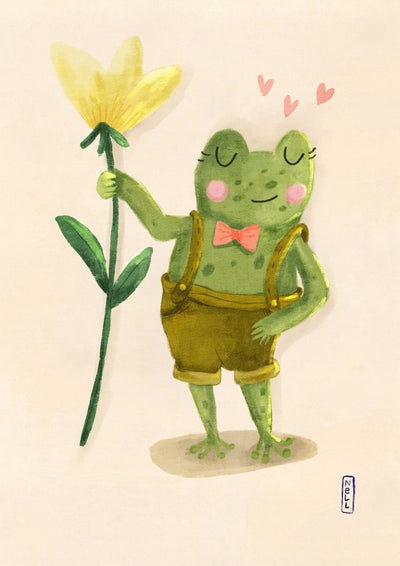 Illustration of a frog holding a flower with hearts above its head on a beige background