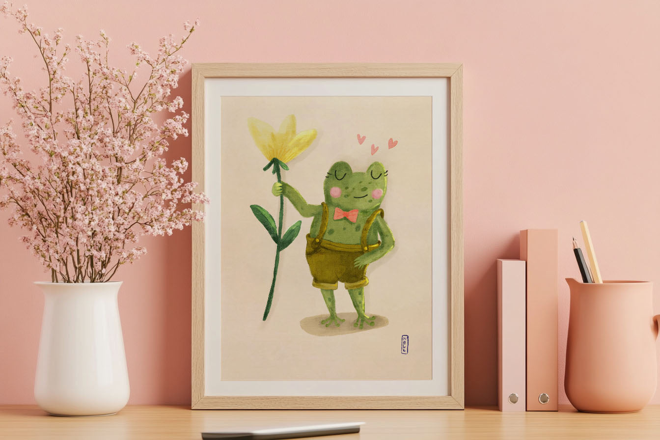 Framed illustration of a green frog holding a yellow flower on a pink wall.