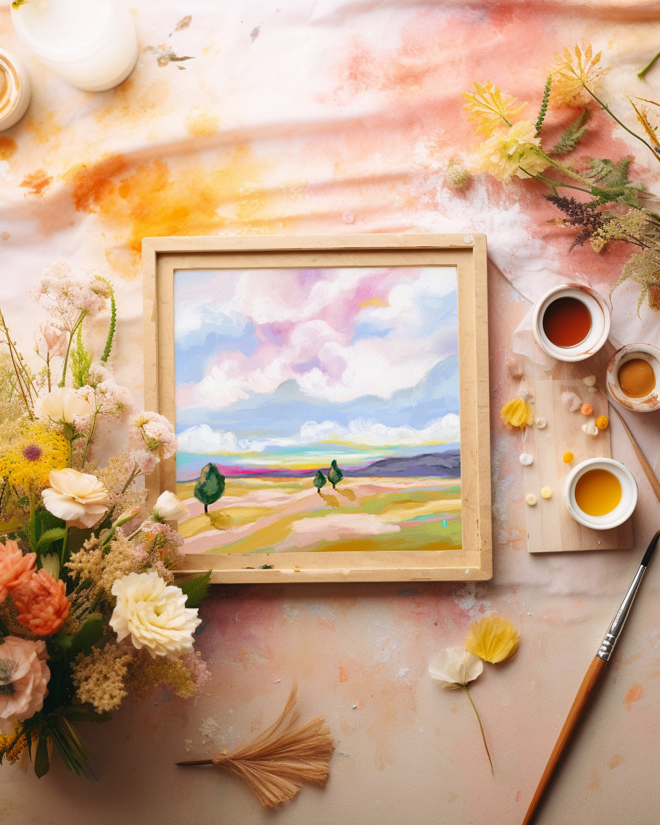 Framed landscape painting on a table with flowers and tea cups
