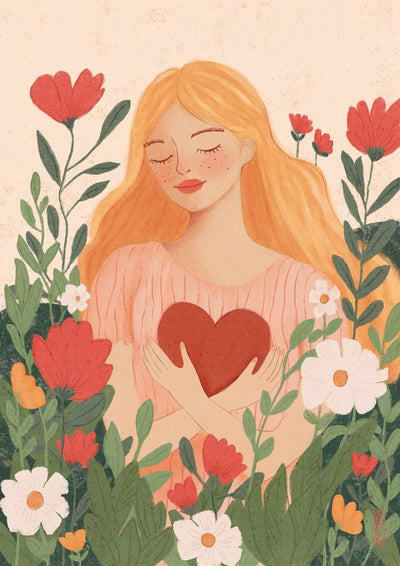 Illustration of a woman holding a heart surrounded by flowers