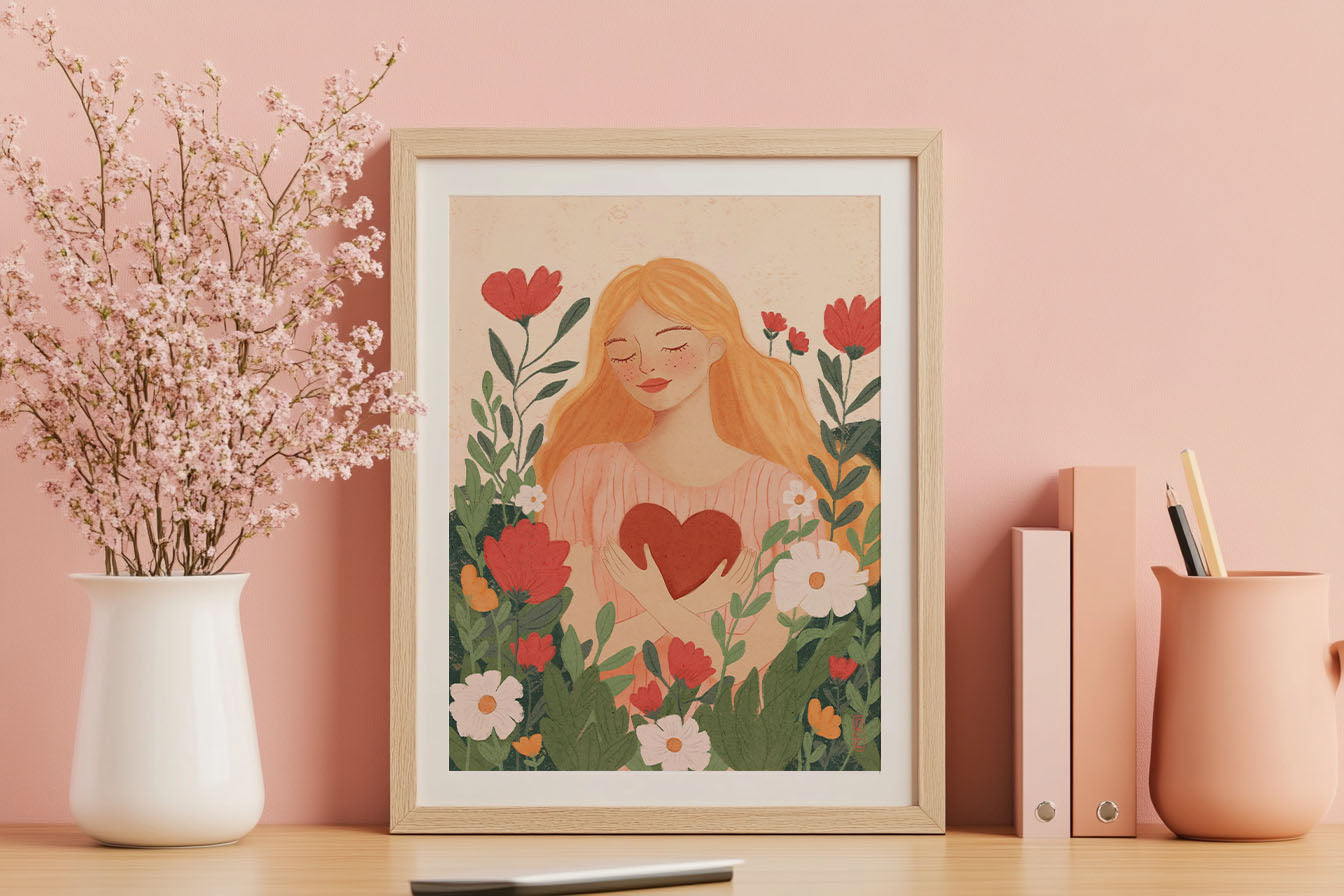 Framed artwork of a woman holding a heart surrounded by flowers on a pink wall.