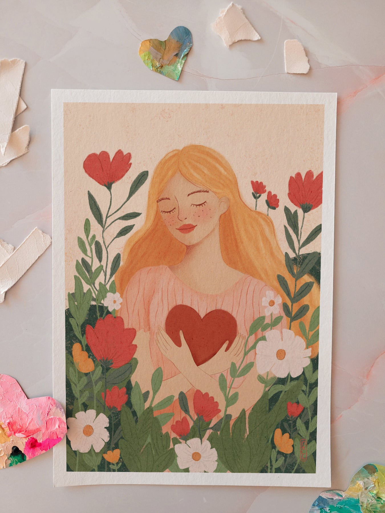 Illustration of a woman with a heart surrounded by flowers on a beige background