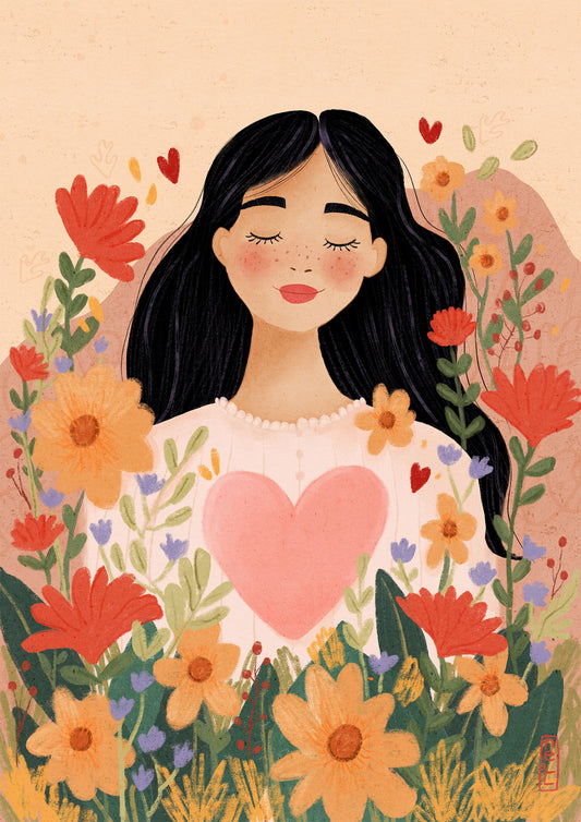 Illustration of a woman with a heart on her chest surrounded by flowers