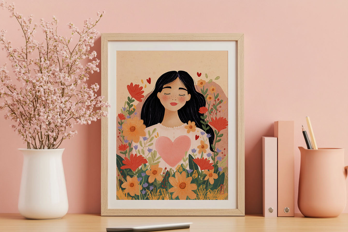 Framed artwork of a woman with flowers and a heart on a pink wall.
