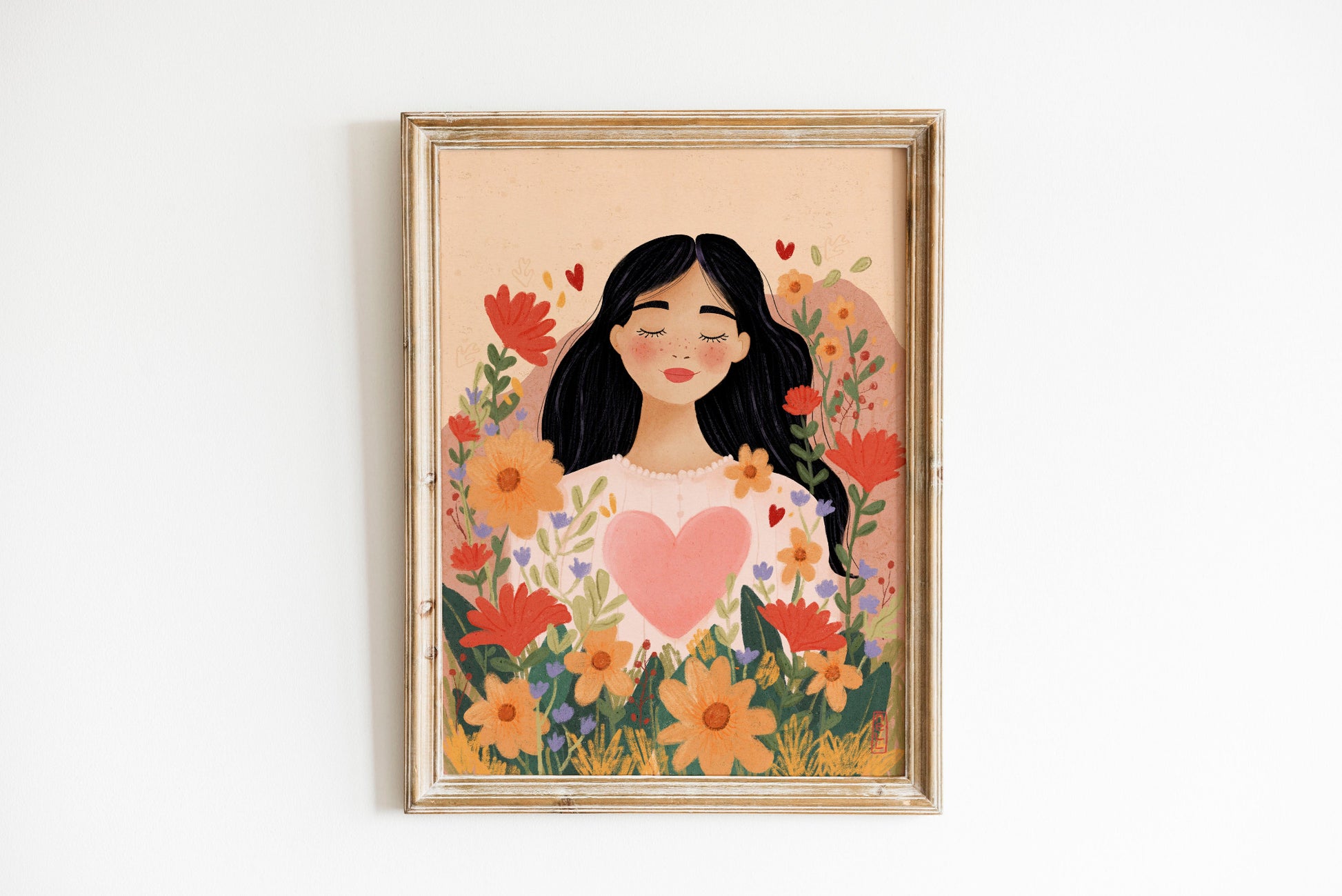 Framed artwork of a woman surrounded by flowers on a beige background