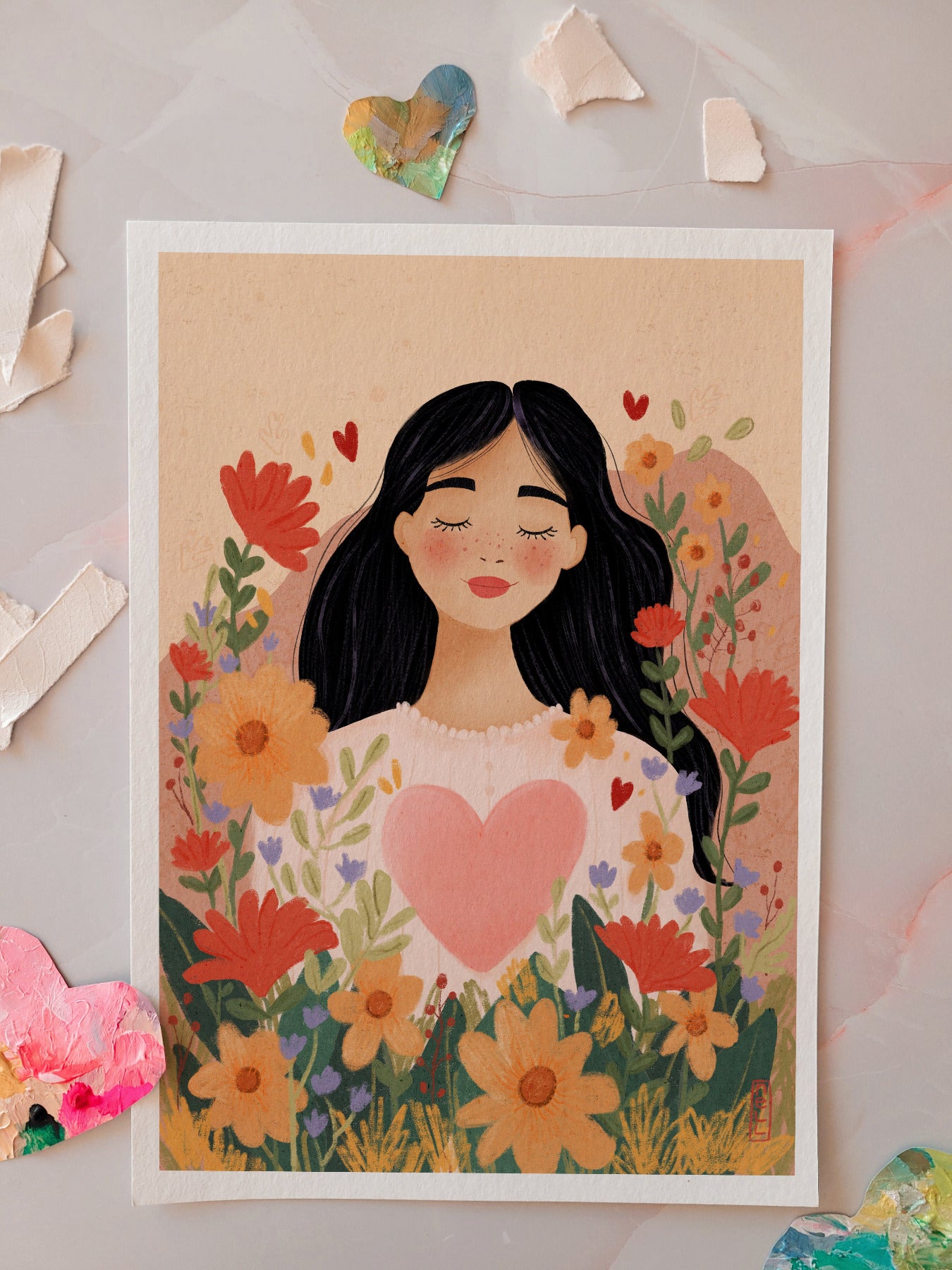 Illustration of a woman with flowers and a heart on a beige background
