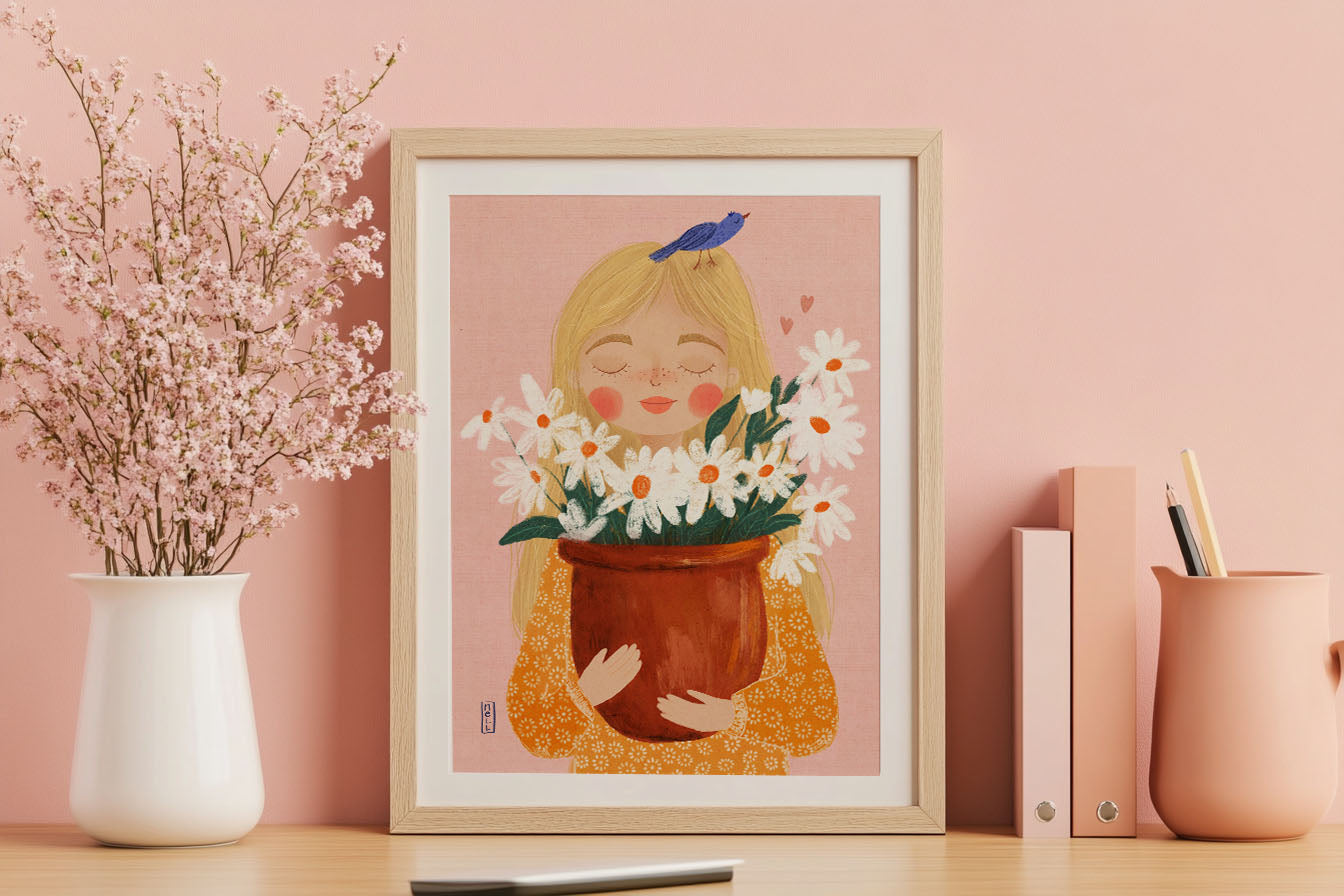 Framed illustration of a girl holding flowers on a pink wall with decorative items.