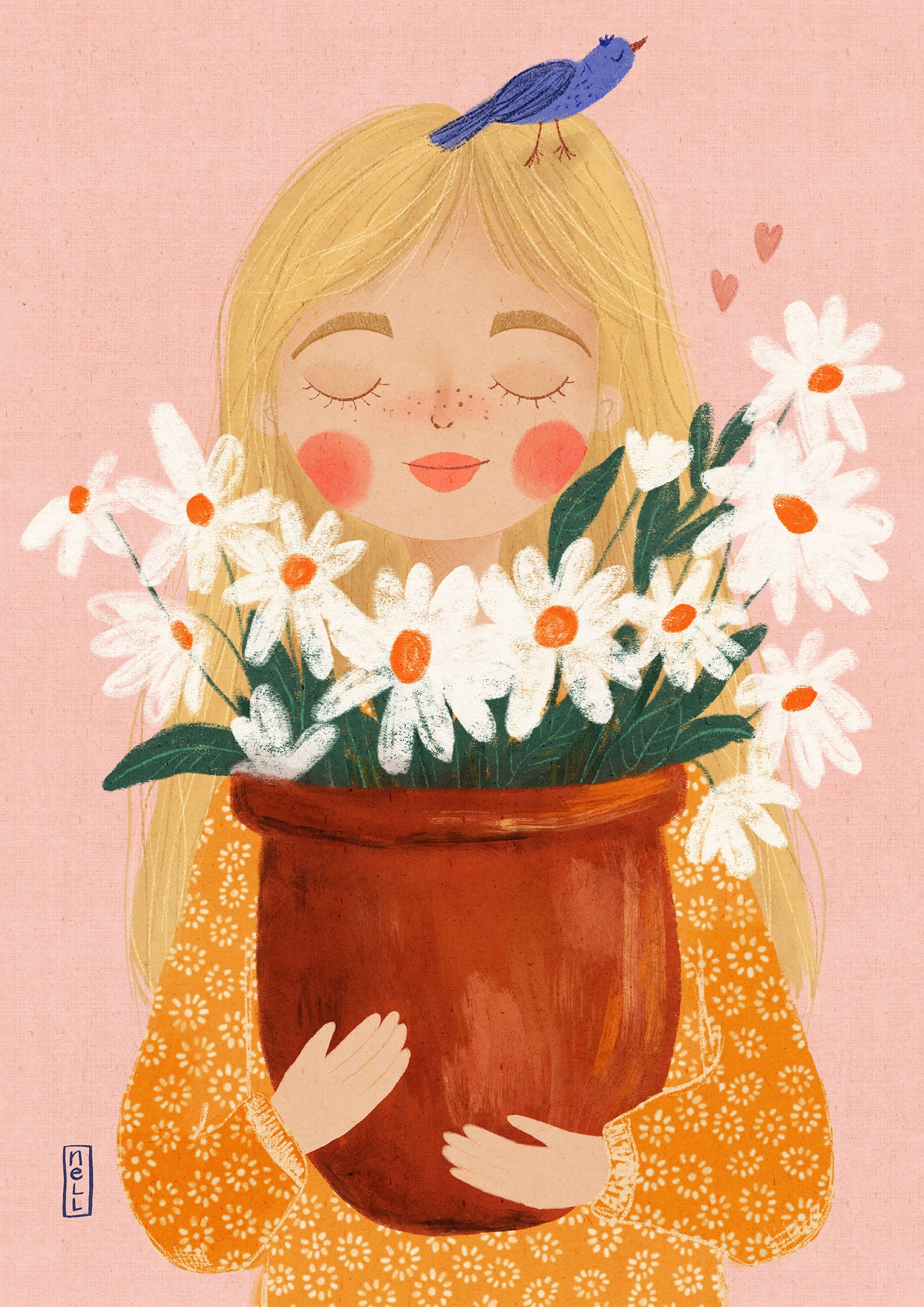 Illustration of a girl holding a pot of flowers with a blue bird on her head against a pink background