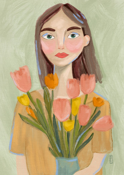 Illustration of a woman holding a bouquet of flowers against a light green background