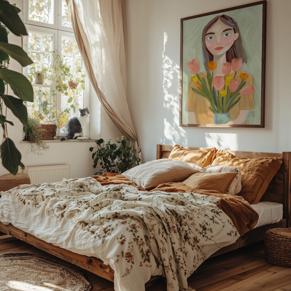 Cozy bedroom with a bed, cat on the windowsill, and wall art of a woman with flowers.