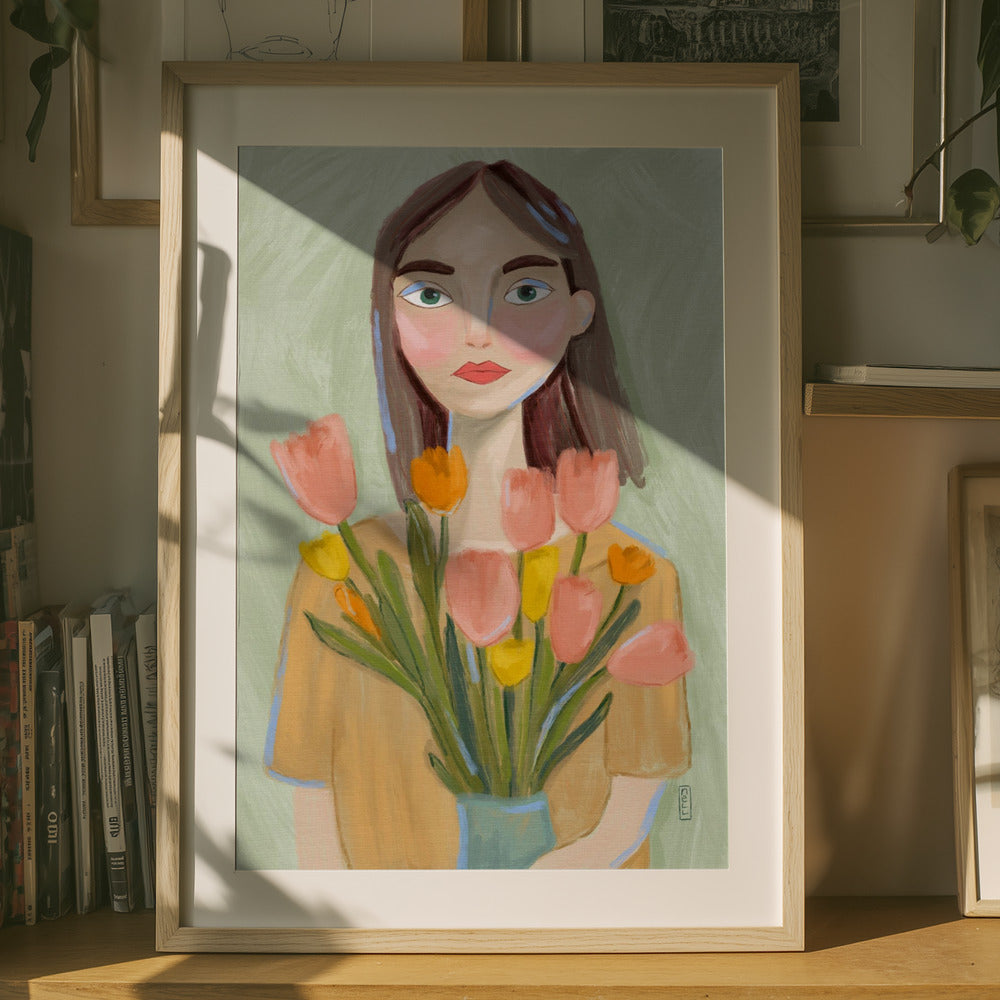 Framed artwork of a woman holding flowers on a shelf with books and decor.