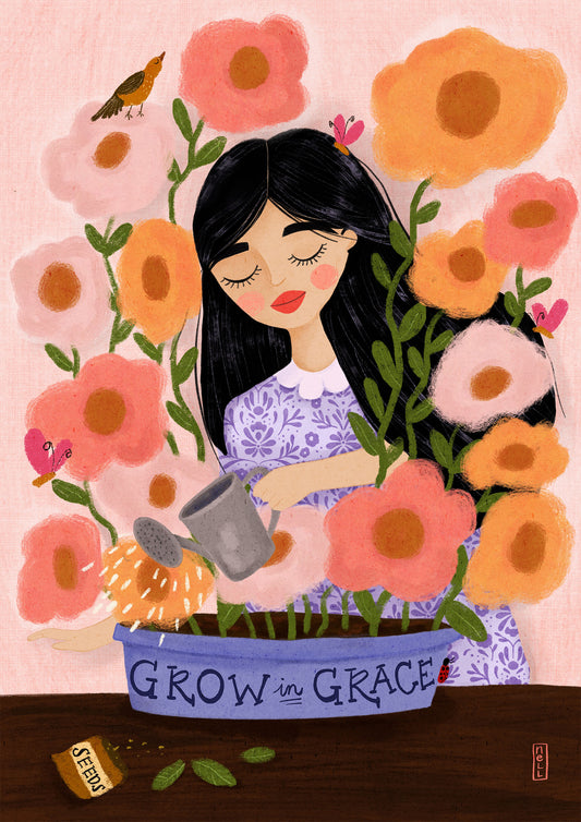 Illustration of a woman watering flowers with 'Grow in Grace' pot, surrounded by colorful flowers on a pink background.