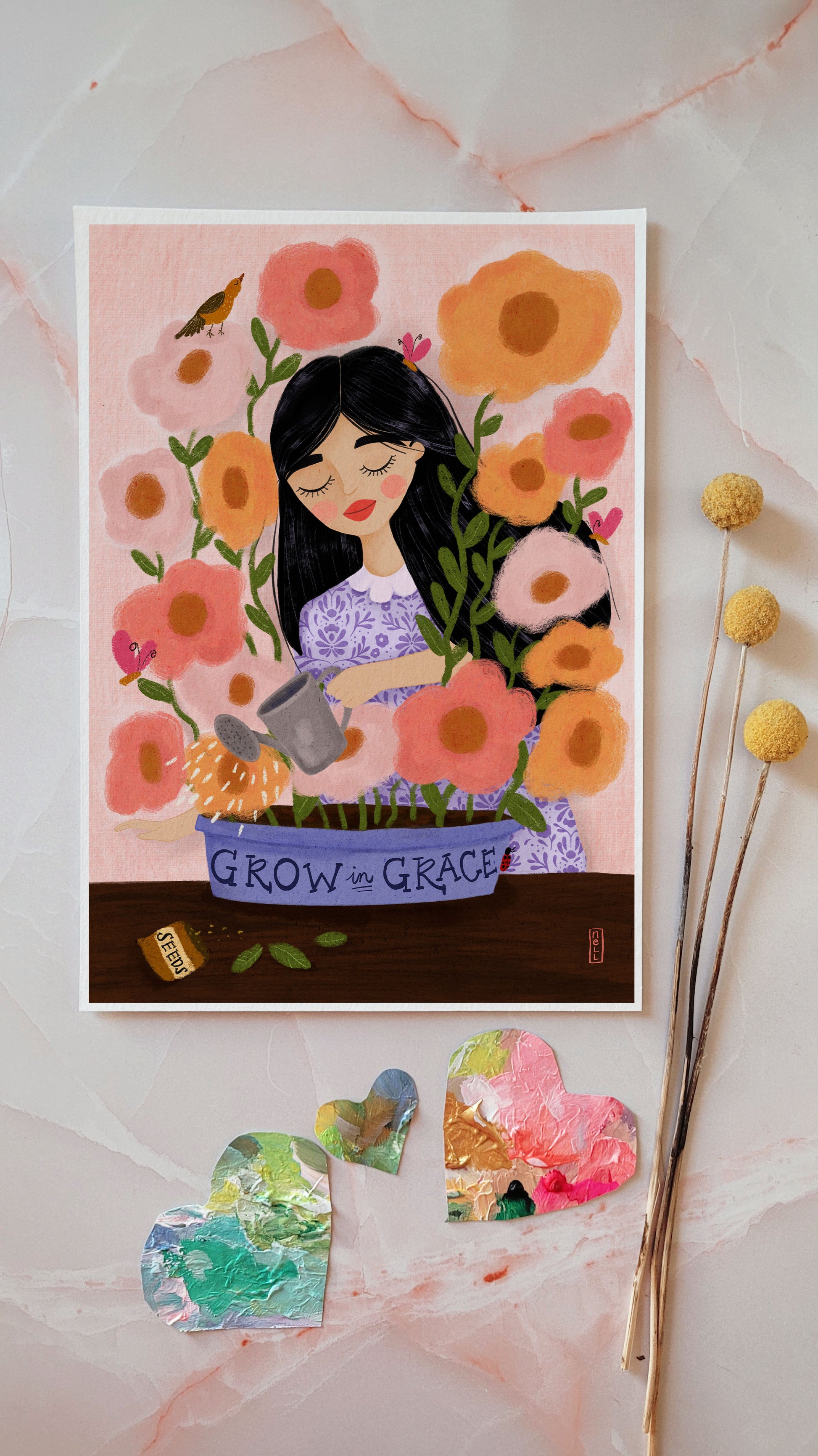 Illustration of a woman with flowers and 'Grow with Grace' text on a card.