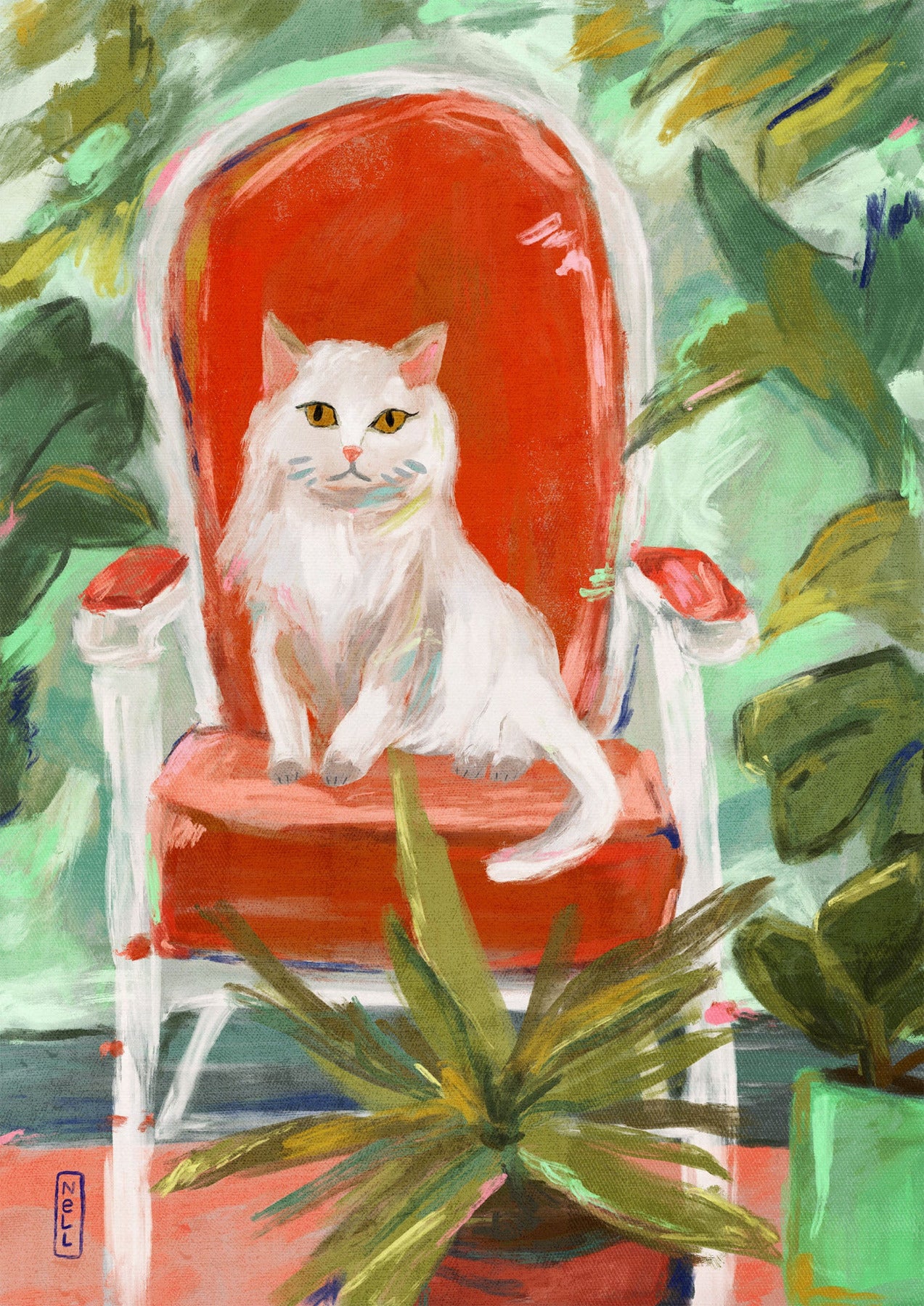 Painting of a white cat on a red chair with green foliage