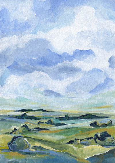 Painting of a landscape with green fields and blue sky with clouds