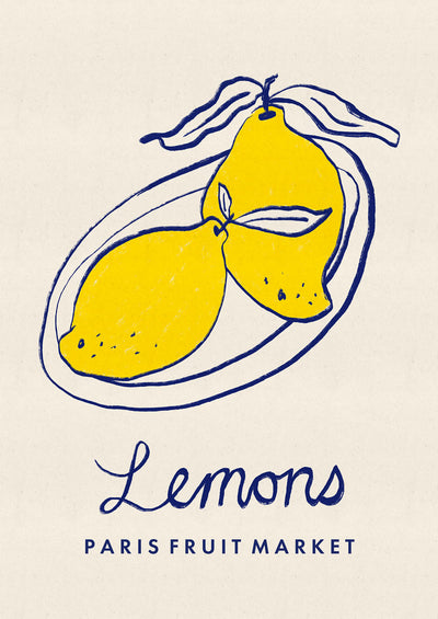 Illustration of lemons on a plate with 'Lemons' and 'Paris Fruit Market' text on a beige background