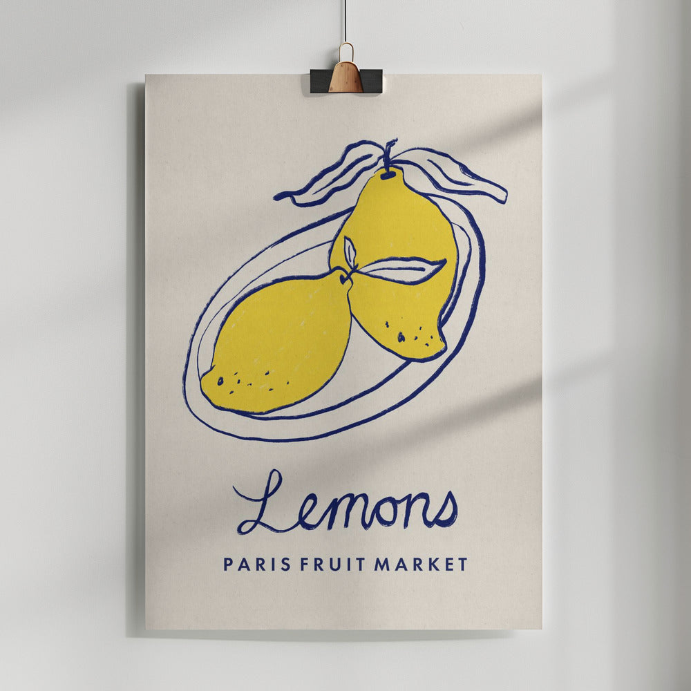 Poster with illustration of lemons and 'Lemons Paris Fruit Market' text on a beige background