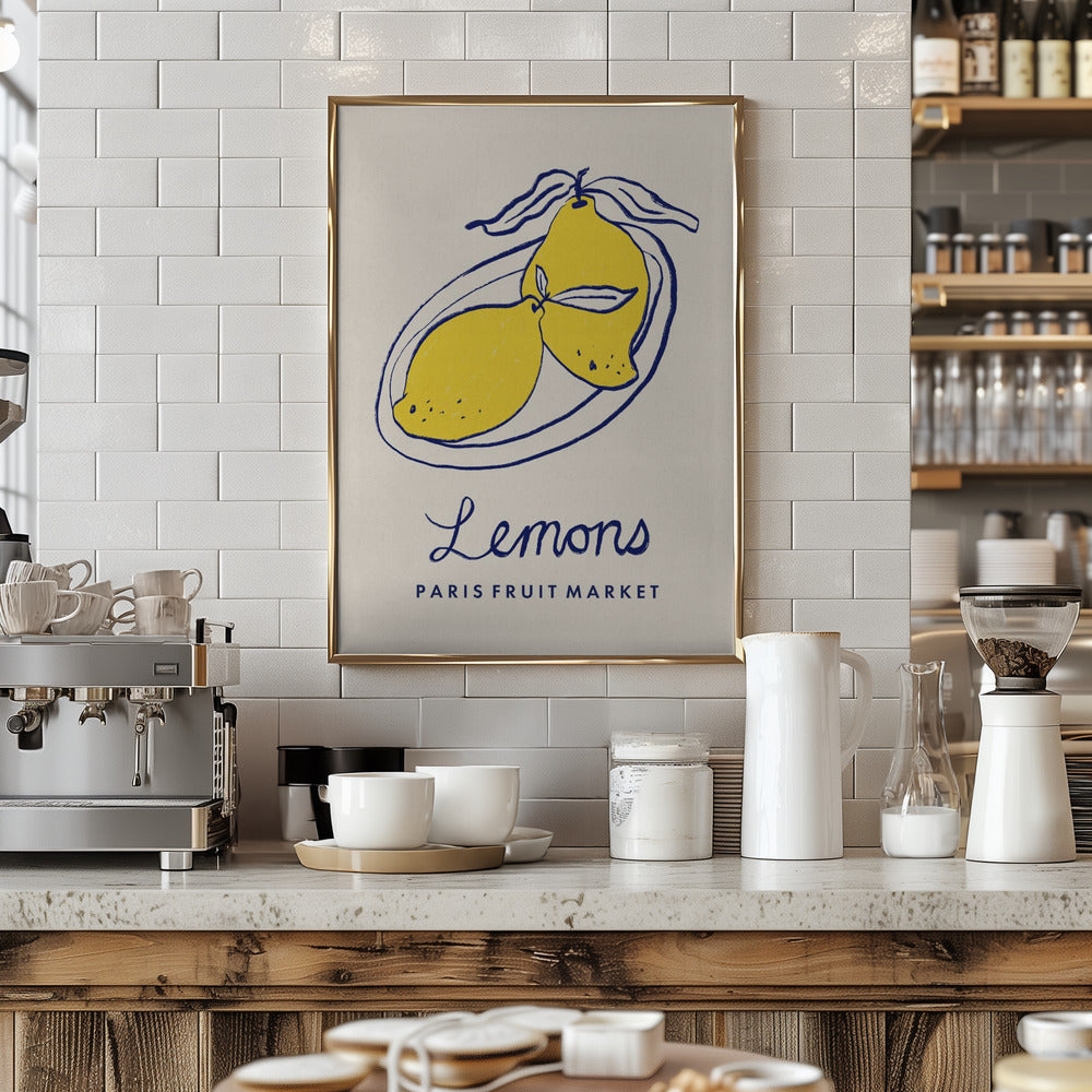 Kitchen counter with a 'Lemons' poster, coffee equipment, and white tiled wall.
