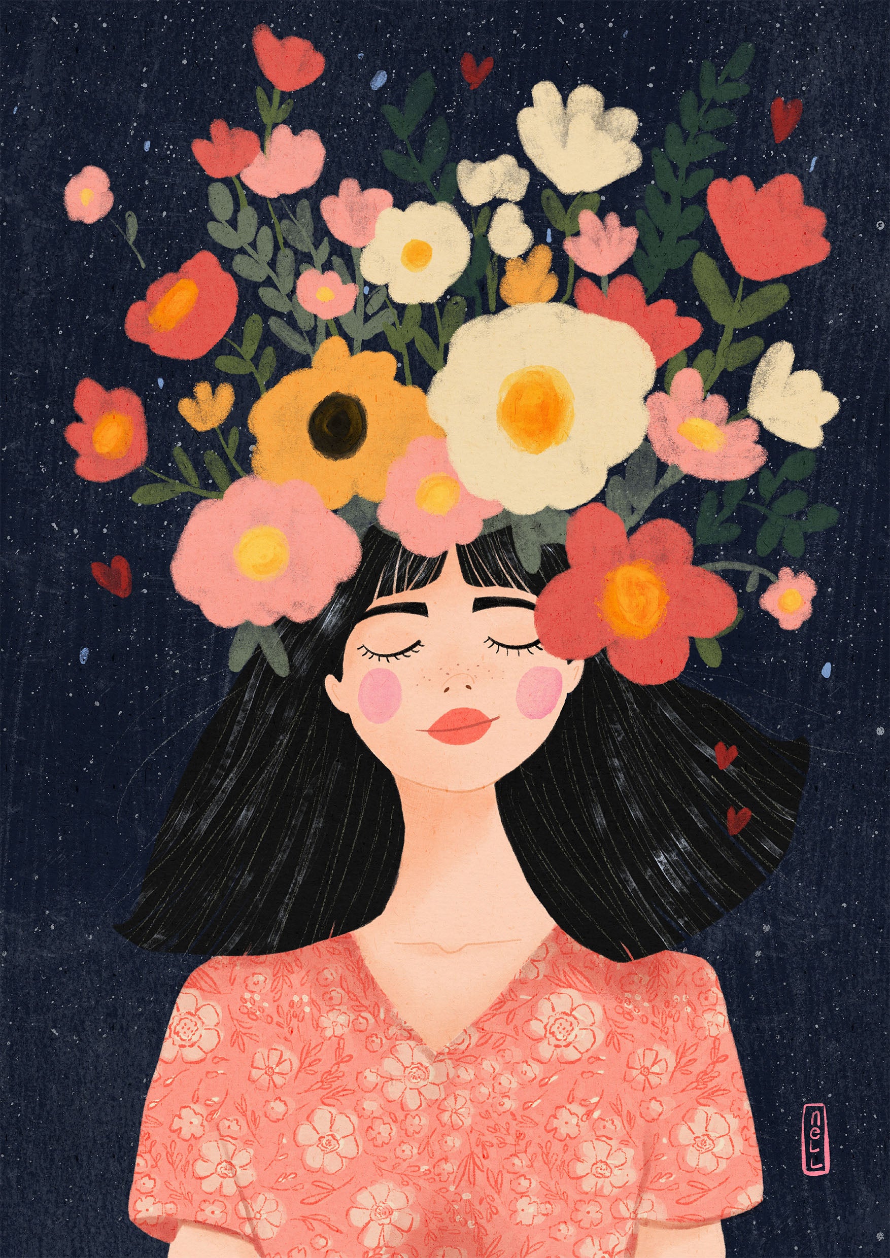 Illustration of a woman with flowers in her hair against a dark background