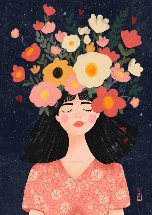 Illustration of a woman with flowers in her hair against a dark background
