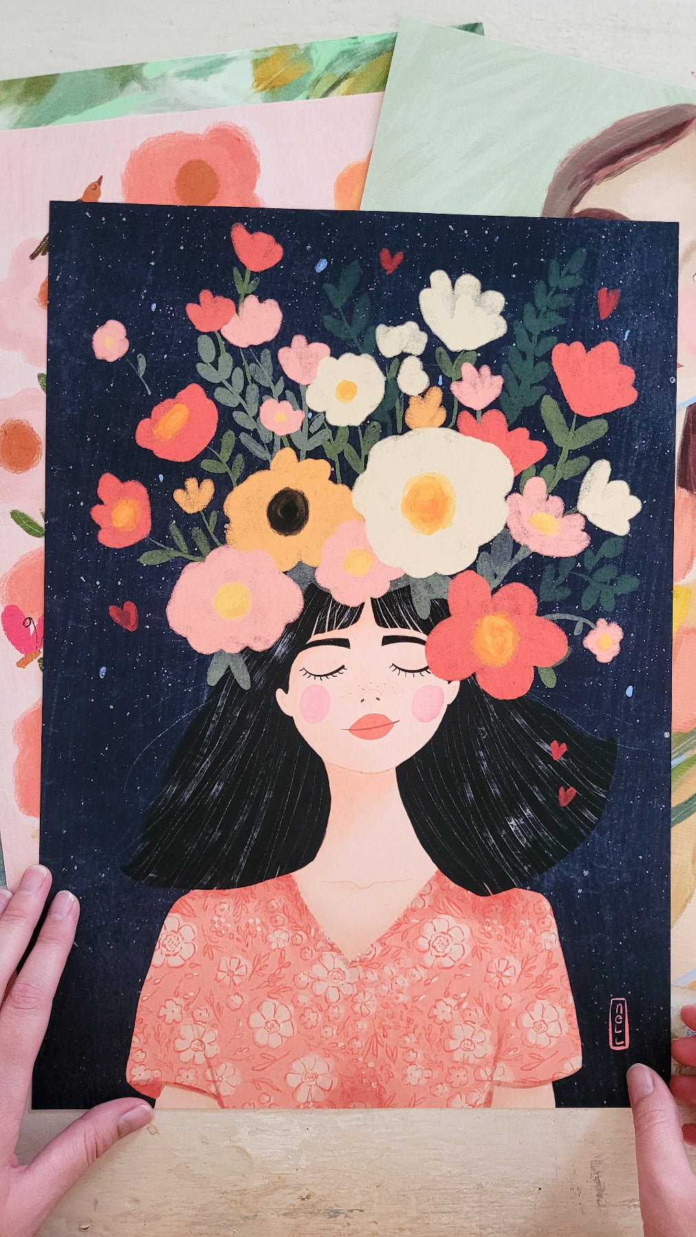 Illustration of a woman with flowers on her head held by hands against a colorful background