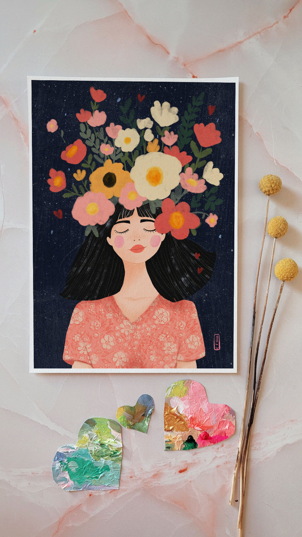 Illustration of a woman with a bouquet of flowers on her head, placed on a textured surface with decorative elements.